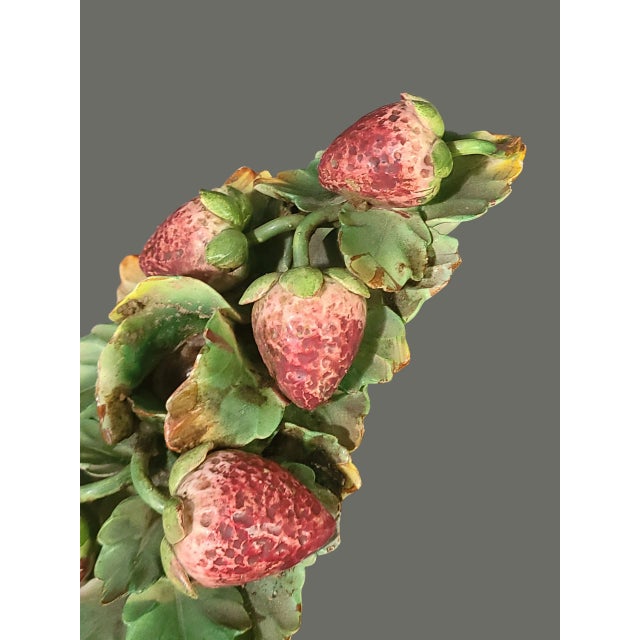 Red Vintage Pair Italian Majolica Hand Painted Fruit George Jones Style Strawberry Candle Holders For Sale - Image 8 of 14