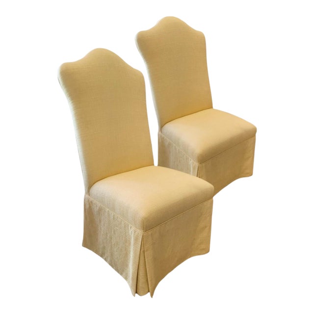 Pair of Fully Upholstered Skirted Chairs With Serpentine Backrest For Sale