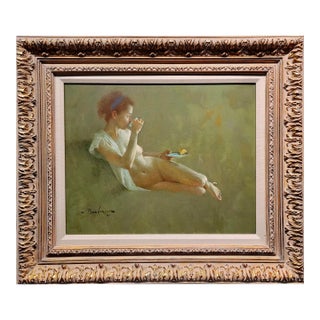 Joseph Bowler -Nude Model Enjoying Tea With Lemon-Oil Painting For Sale