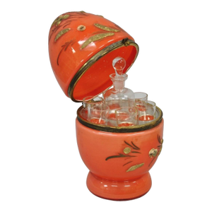 Early 20th Century Art Deco Czech Glass Egg Orange Coralene Hinged Liquor Tantalus Cordial Set