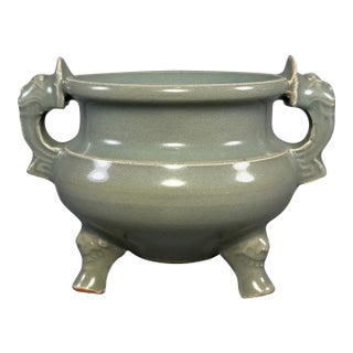 Vintage Chinese Longquan Celadon Porcelain Incense Burner | One of a Kind, Sculpted Dragon‑Shaped Handles For Sale