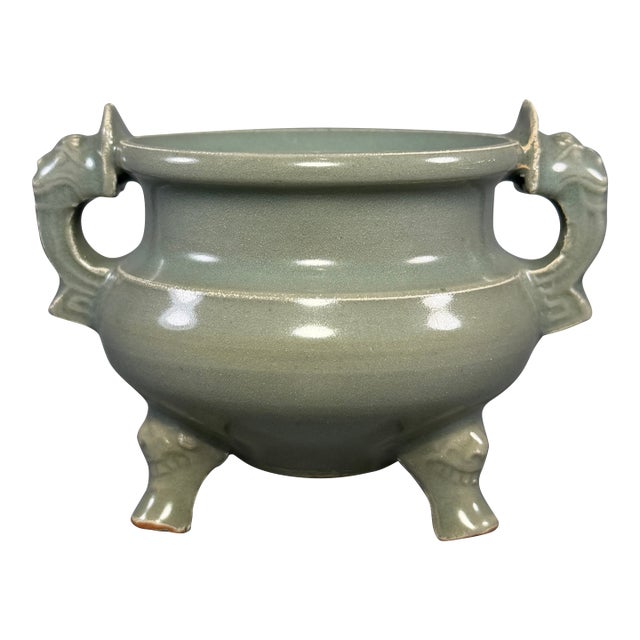 Vintage Chinese Longquan Celadon Porcelain Incense Burner | One of a Kind, Sculpted Dragon‑Shaped Handles For Sale