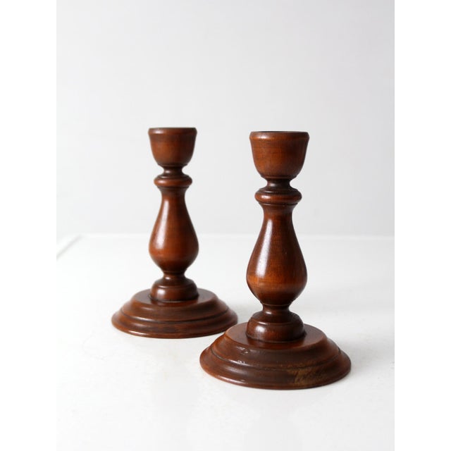 Mid 20th Century Vintage Turned Wood Candlestick Holders Pair For Sale - Image 5 of 10