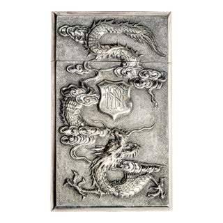Refined Antique Chinese Export 900 Silver Calling Card Case Holder Dragon Bamboo Bird Asian Design For Sale
