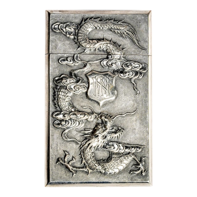 Refined Antique Chinese Export 900 Silver Calling Card Case Holder Dragon Bamboo Bird Asian Design For Sale