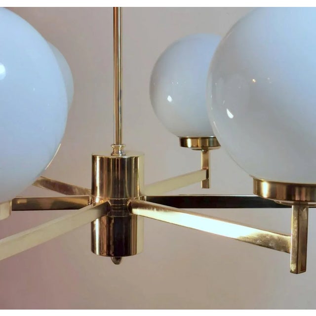 Stilnovo Italian Vintage Brass Chandelier, Opaline Glass Spheres For Sale - Image 9 of 13