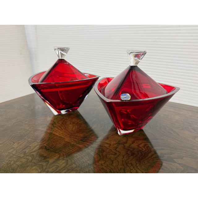 Postmodern Bohemia Crystal Lidded Geometric Bowls, Pair For Sale - Image 3 of 12