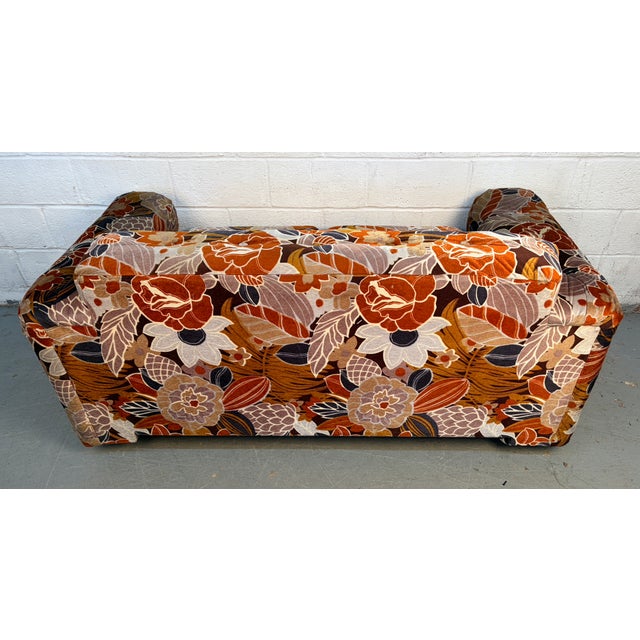 Mid-Century Modern Floral Upholstered Loveseat With Chrome Frame For Sale - Image 10 of 13