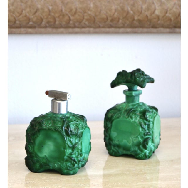 Curt Schlevogt 1935 Boho Chic Czech Schlevogt Ingrid Malachite Glass Scent Perfume Bottles, Set of 2 For Sale - Image 4 of 12