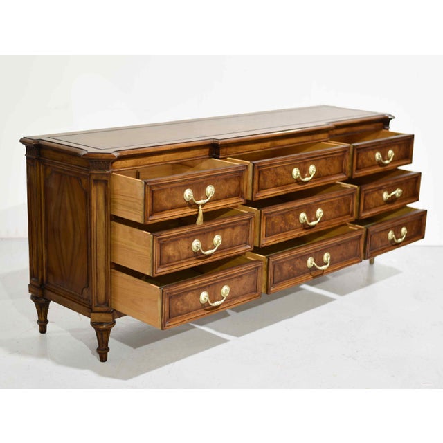Wood Mid Century French Regency Burled Walnut 9-Drawer Dresser With Brass Hardware by Karges Indiana For Sale - Image 7 of 14