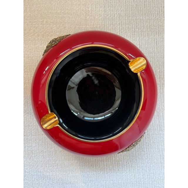 Mid-Century Modern Vintage Italian Glazed Ceramic Ashtray With Brass Lion Head Knockers, in the Manner of Gio Ponti, Signed Florence Italy, 1960s For Sale - Image 3 of 7