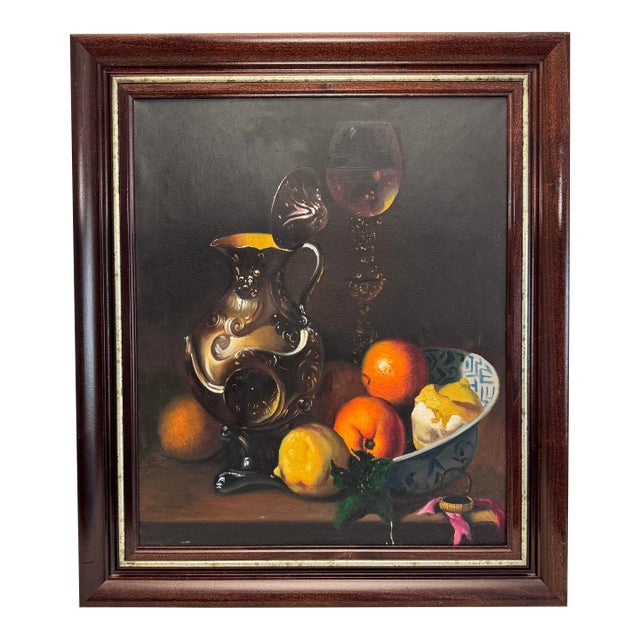 Vintage Moody Dutch Still Life Realism Original Oil Framed Painting, Chocolate Brown, Orange, Gold For Sale