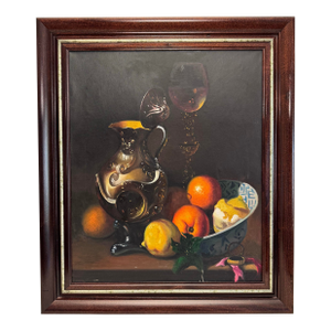 Vintage Moody Dutch Still Life Realism Original Oil Framed Painting, Chocolate Brown, Orange, Gold