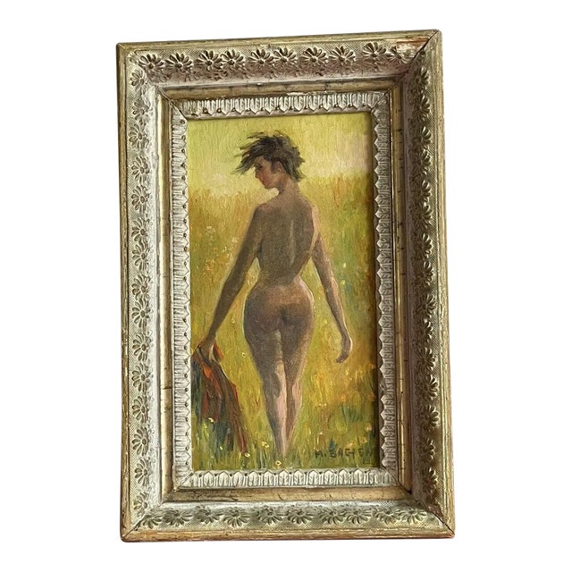 Mid 20th Century Impressionist Style Figurative Female Nude in a Field of Flowers Painting, Framed For Sale