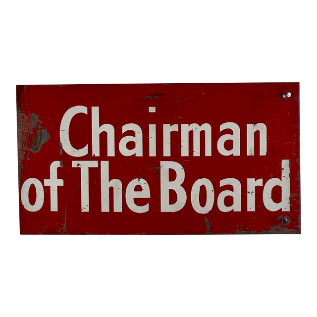 Vintage Enamel Metal "Chairman of the Board" Sign in Firetruck Red For Sale