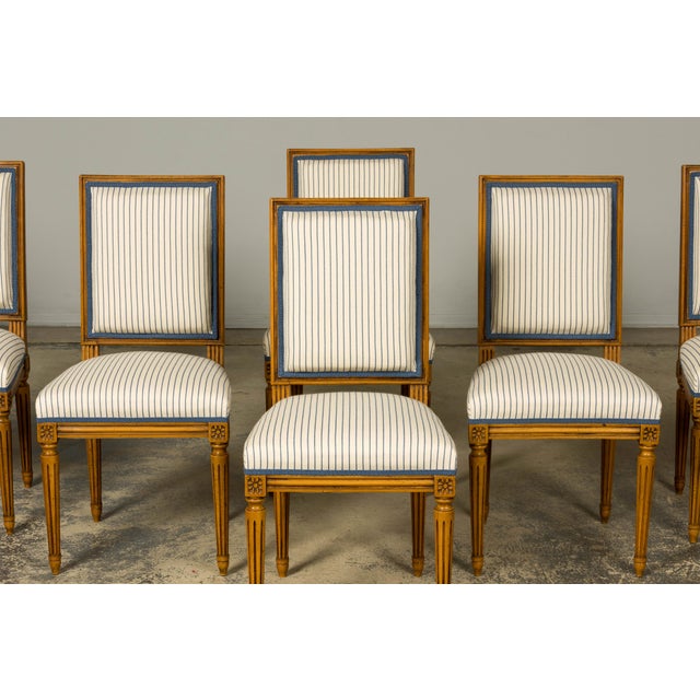 French Set of Eight Late 19th Century French Louis XVI Style Dining Chairs in Blue Stripe For Sale - Image 3 of 18