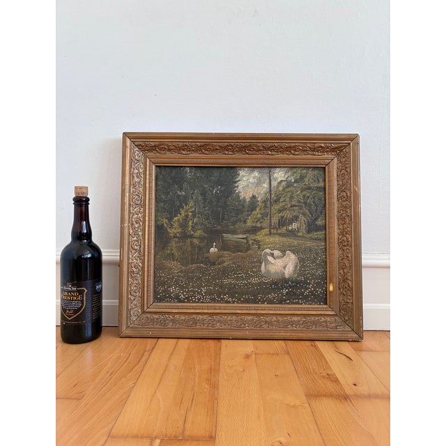 Antique Original Swan Oil Painting, Framed Garden Landscape Art For Sale - Image 10 of 12