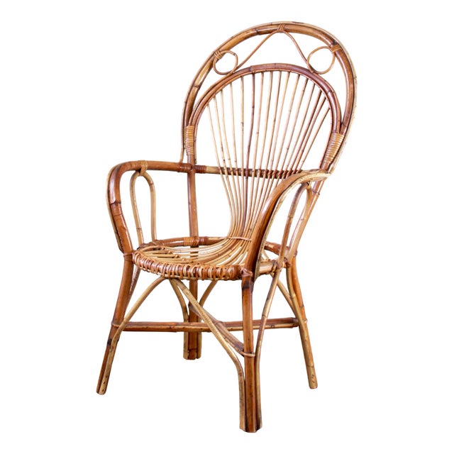Vintage Wicker and Bamboo Armchair, Italy, 1970s For Sale