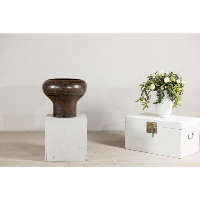 Large Artisan Ceramic Vase with Wide Mouth and Speckled Brown Glaze For Sale - Image 16 of 18