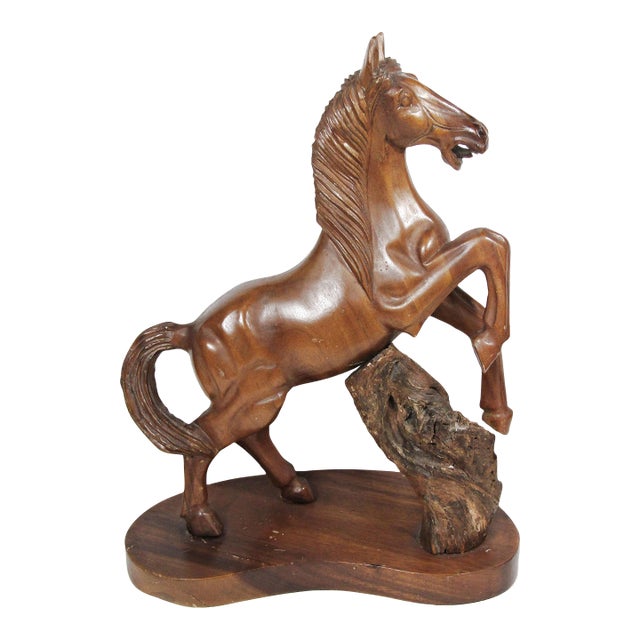 Mid-Century Hand-Carved Wooden Rearing Stallion on Natural Base – 17.5"h For Sale