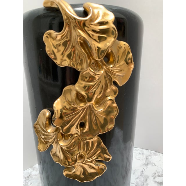 Vintage Large Italian Black and Gold Ginkgo Leaf Vase or Umbrella Vessel For Sale - Image 11 of 11