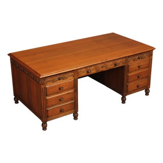 1930 Walnut Carved Pedestal Executive Desk with Pull-Out Writing Slides For Sale