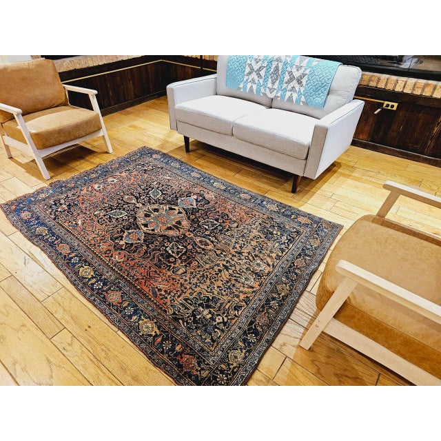 Early 20th Century Persian Bidjar Rug, Hand-Knotted Wool, Medallion Geometric Pattern, Red & Blue, 5x7 For Sale - Image 17 of 18