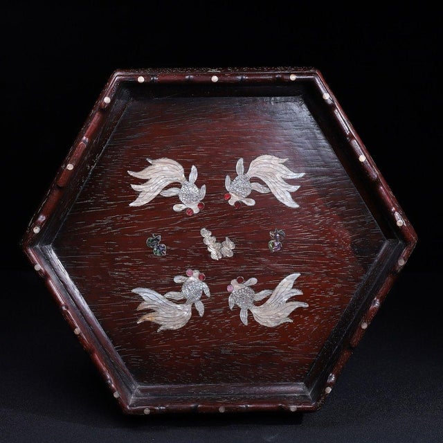 Late 19th Century Hexagonal Wood Tray With Mother-of-Pearl Goldfish Inlay For Sale - Image 4 of 10