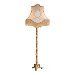 Ornate French-Style Floor Lamp – Gilded Gold Leaf Stand With Embroidered Ivory Shade & Fringe Trim For Sale
