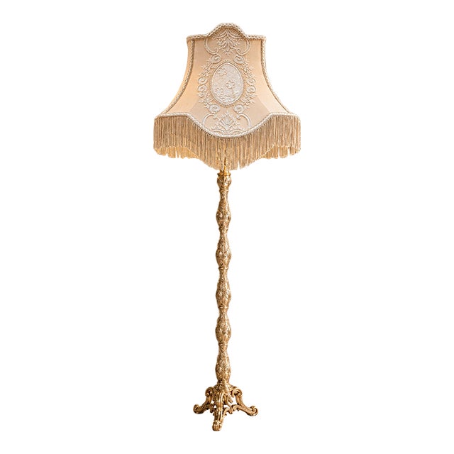 Ornate French-Style Floor Lamp – Gilded Gold Leaf Stand With Embroidered Ivory Shade & Fringe Trim For Sale