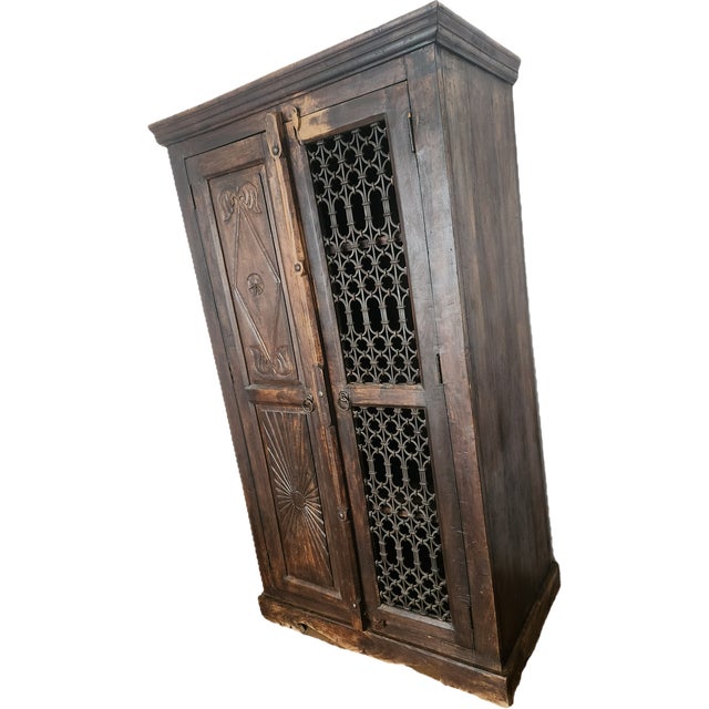 Antique Hand-Carved Wood Wardrobe with Carved Doors and Iron Grille, Bali, Indonesia, 1920s For Sale - Image 10 of 18