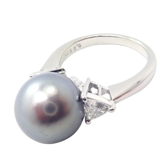 2000 - 2009 Mikimoto Platinum .5ctw Diamond 12mm Tahitian South Sea Pearl Heart Ring, size 5.5 For Sale - Image 5 of 11