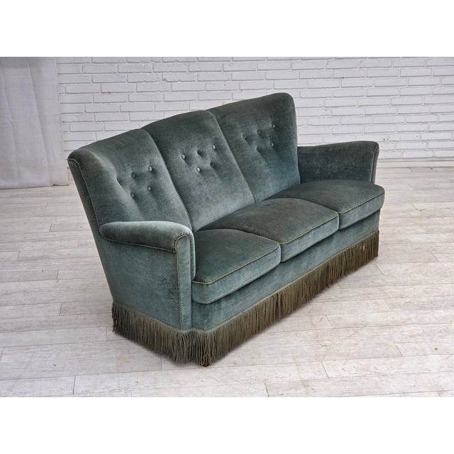 Three-Seater Danish Sofa in Green Furniture Velour, 1960s For Sale - Image 12 of 18