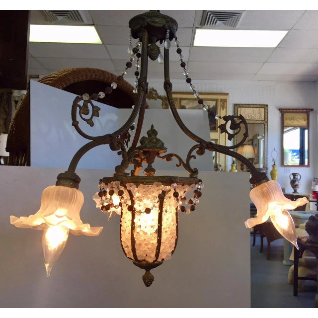 Early 1900's Gothic Style Glass and Bronze Flower Chandelier For Sale - Image 10 of 11