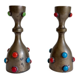 1970s Brass & Gemstone Taper Candle Holders, Pair For Sale