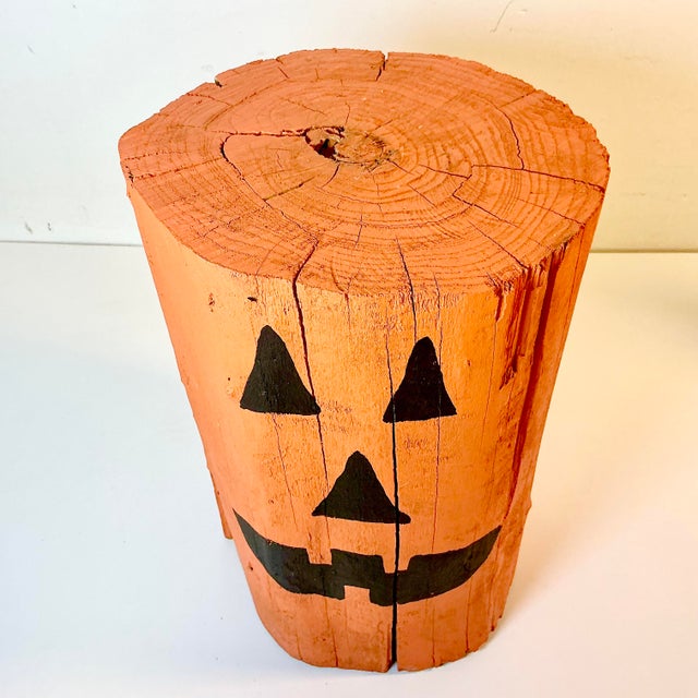 Vintage Americana Folk Art Boho Chic Wood Stump Jack-O-Lantern Low Stool - Halloween For Sale - Image 11 of 11