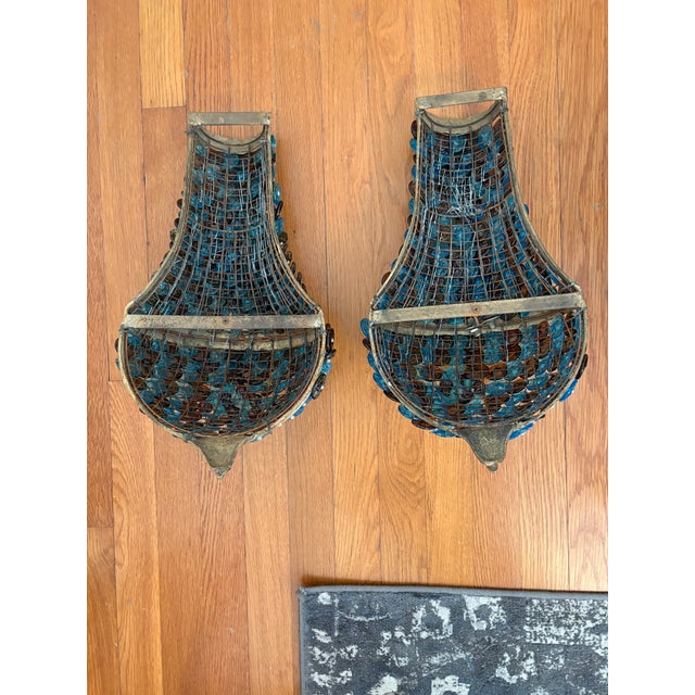 1940’s Dore Bronze Sconce Cages With Beaded Glass in the Style of Ercole Barovier, a Pair For Sale - Image 10 of 12
