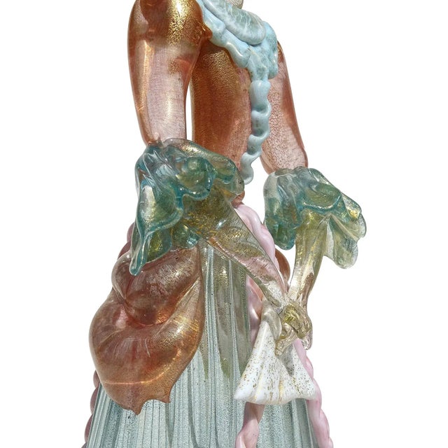 Pink Murano Victorian Dress Woman Pink Blue White Gold Flecks Vintage Italian Art Glass Figure Sculpture For Sale - Image 8 of 13