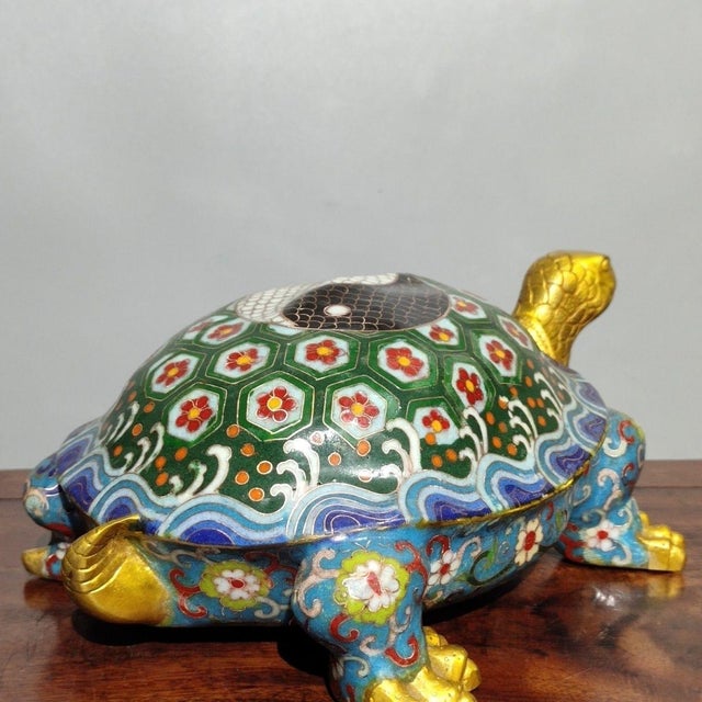 Late 20th Century Cloisonné Enamel Turtle Sculpture With Yin-Yang Shell For Sale - Image 4 of 9