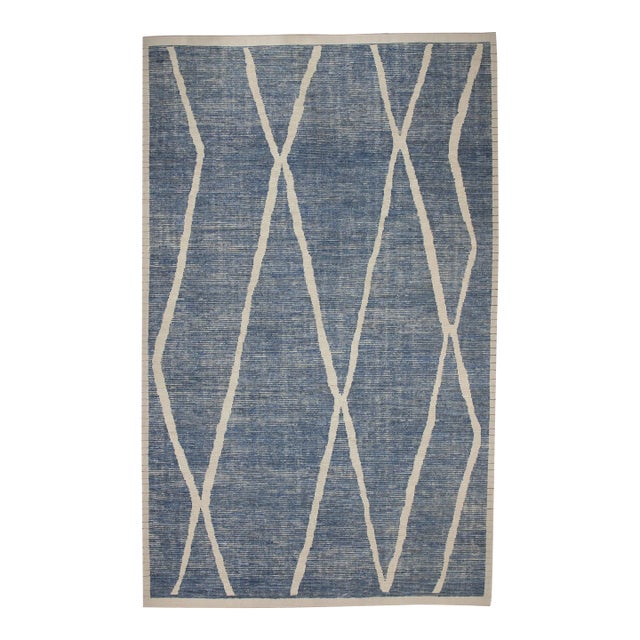 Early 21st Century Blue 21st Century Modern Moroccan Style Wool Rug 9'8" X 14'7" For Sale