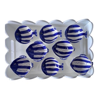 Handmade Blue & White La Tavola Fish Snack Bowls- Set of 8 For Sale
