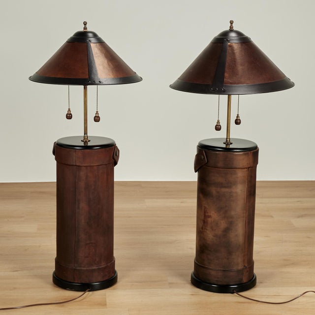 1920s Antique English Leather Bucket Table Lamps With Armorial Crests - a Pair For Sale - Image 10 of 11
