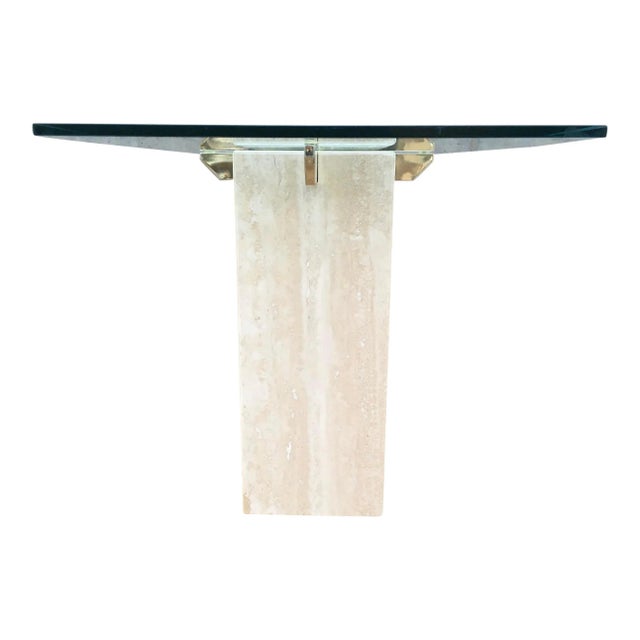 Vintage Italian travertine pedestal base with solid brass copes x-support under heavy beveled 5/8” thick rectangular glass...