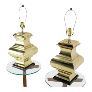 Modern Figural Sculptural Profile Square Base Polished Brass Table Lamps - A Pair