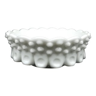Mid 20th Century Fenton White Glass Hobnail Bon Bon Dish Scalloped Edge For Sale