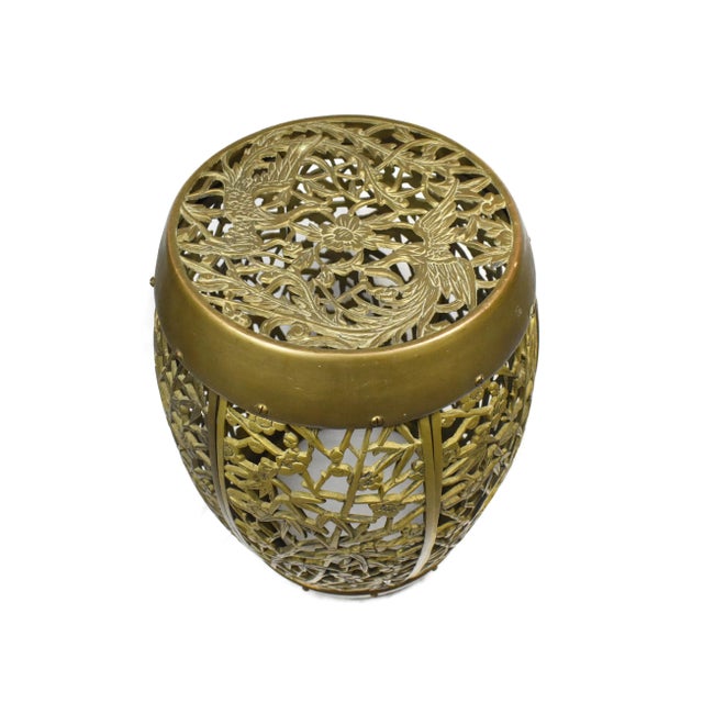 Stunning heavy solid brass drum shape stool/table with bamboo fretwork on the side and two flying Phoenix birds...