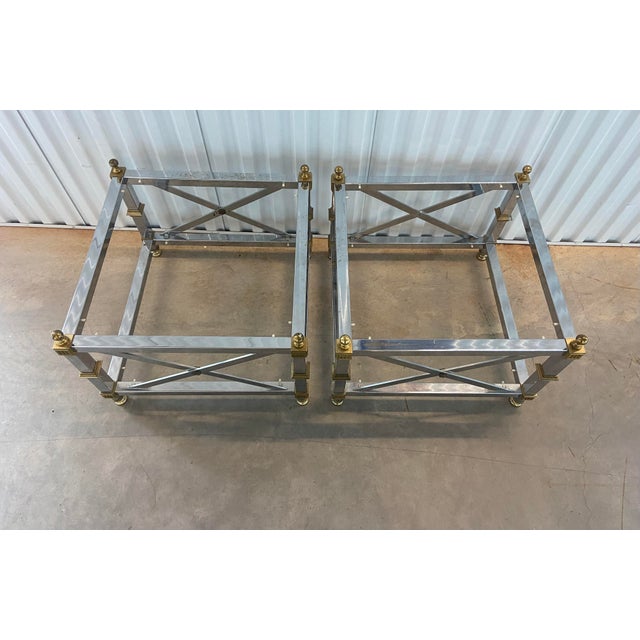 Mid-Century Modern Chrome and Brass Two-Tiered Glass Top End Tables in the Style of Maison Jansen, a Pair For Sale - Image 3 of 11