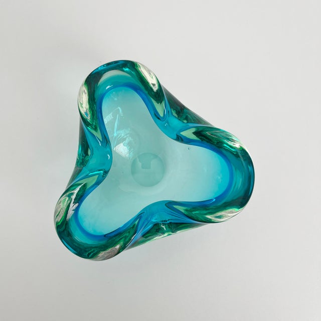 Mid-Century Modern 1960s Murano Style Blue Green Glass Ashtray Catchall Art Glass Bowl For Sale - Image 3 of 11