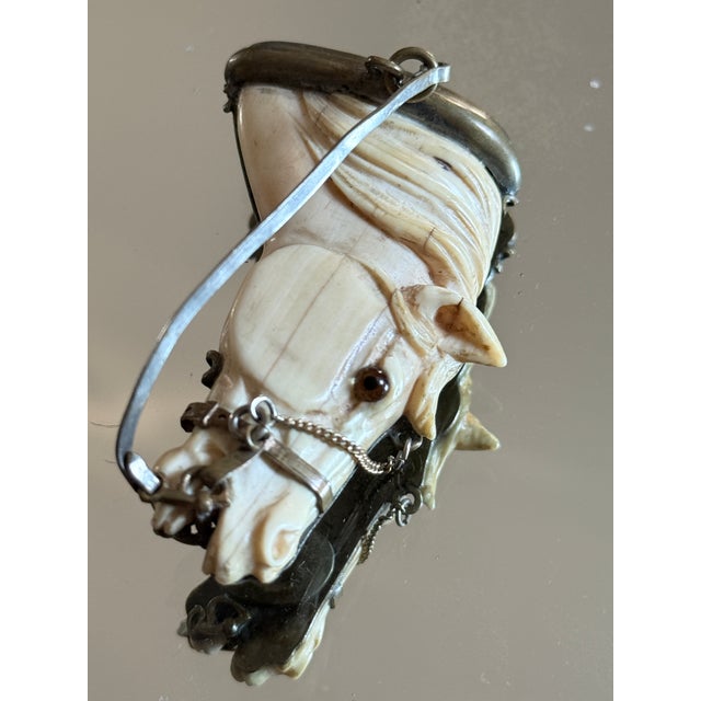 Glass Mid 20th-Century Victorian Revival Bone Equestrian Horse Head Brooch With Glass Eye For Sale - Image 7 of 12