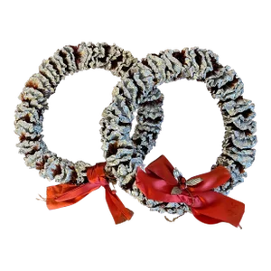 1930's Silver Foil Christmas Ornament Wreaths With Red Ribbon Bows - a Pair